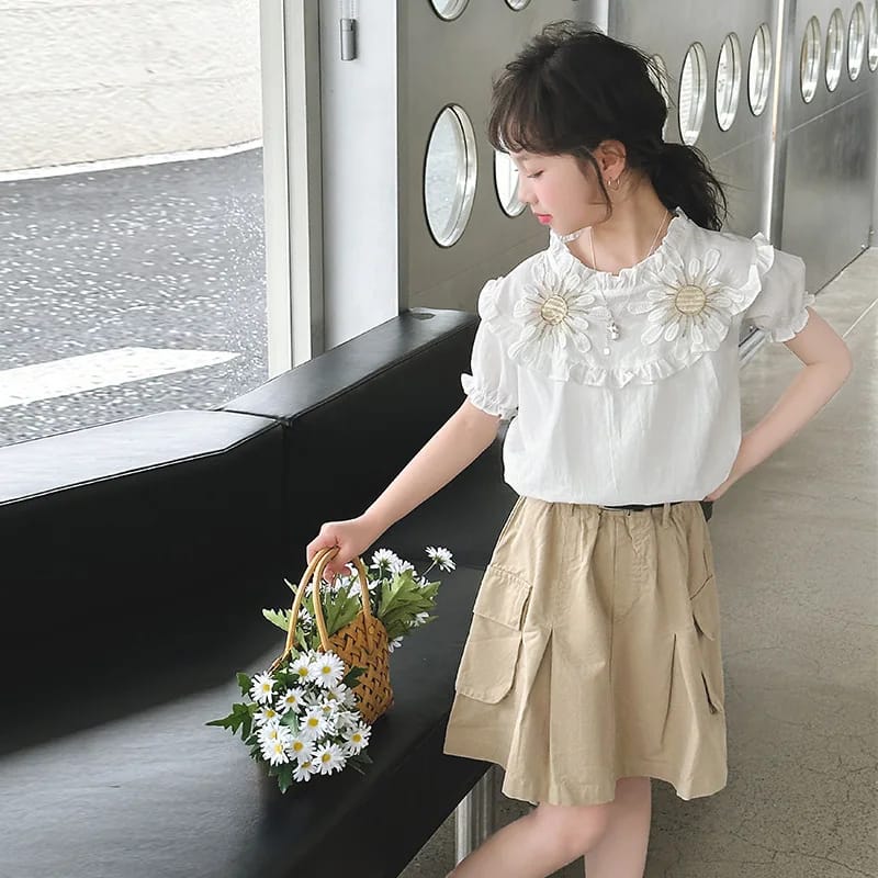 Girls Suits Children Summer Flower Shirt Set